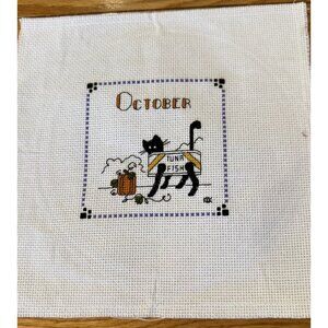 Handmade Counted Cross Stitch October Cat 9”x 9” 4” x 4”